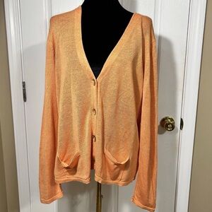 J. Jill Linen Blend V-Neck Cardigan Orange Size Large Pockets Lightweight Knit